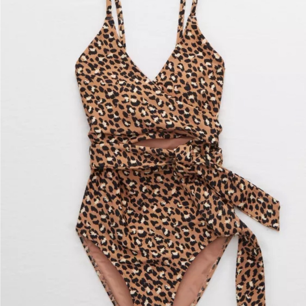 Aerie Leopard Print One-Piece Wrap Swimsuit